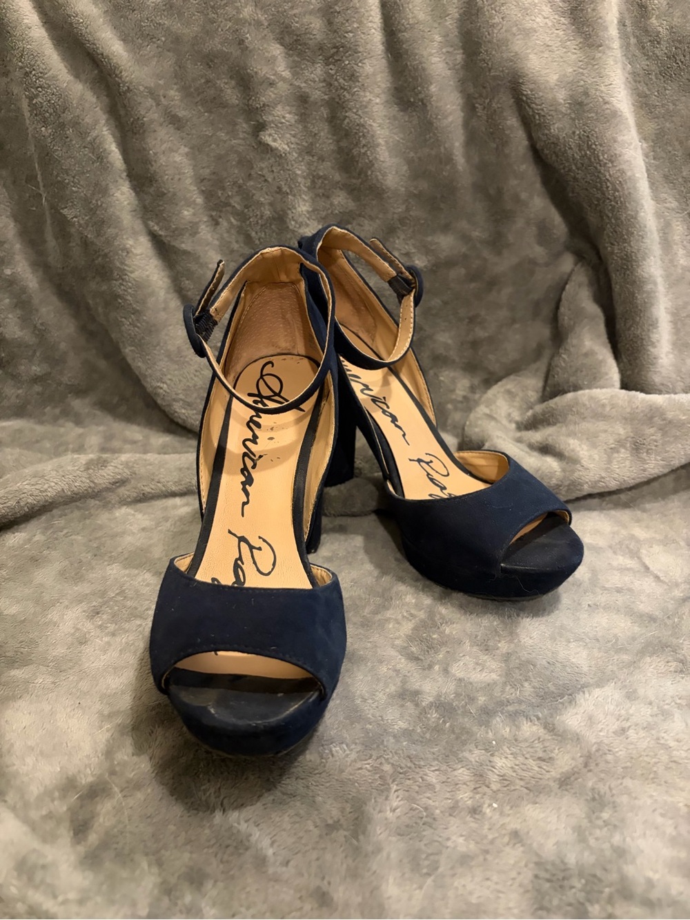 American Rag Navy Suede Peep-Toe Platform Heels with Ankle Strap